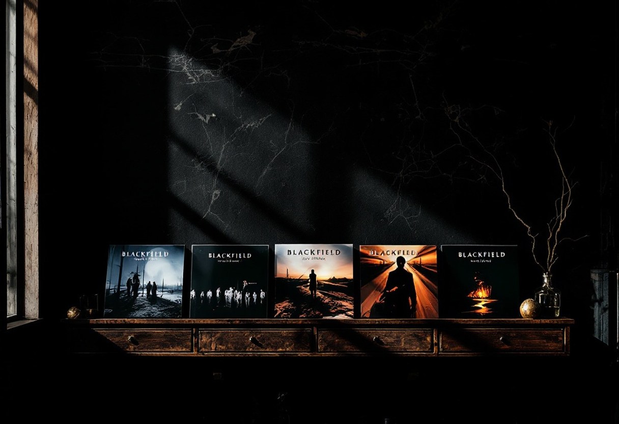 A shelf displaying all six Blackfield studio album covers in chronological order