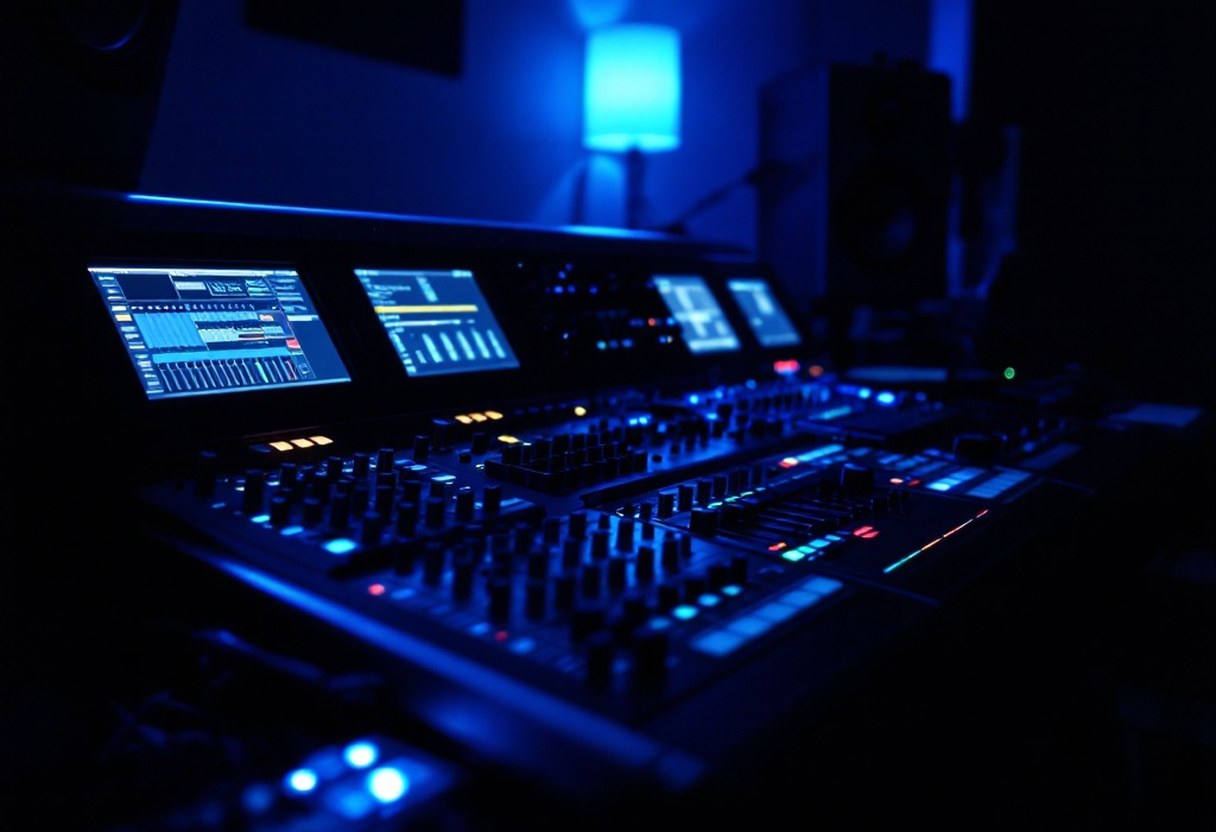 A studio mixing console bathed in soft blue light, evoking the atmospheric sound of Blackfield's recordings